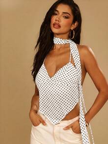 Denimoi Top halter transparente de malla con lunares y espalda descubierta con bufanda - Blanco - Ver 1