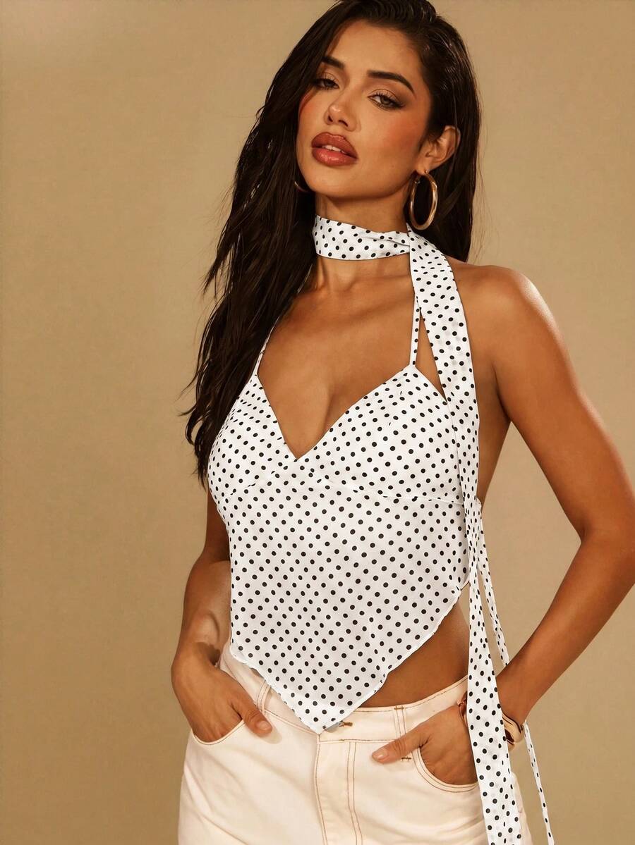 Denimoi Top halter transparente de malla con lunares y espalda descubierta con bufanda - Blanco - Ver 1