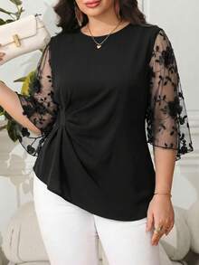 Reflora Plus Size Elegant Commuter Shirt With 3D Floral Decor, Embroidery And Mesh Panels Fall - Black - View 1