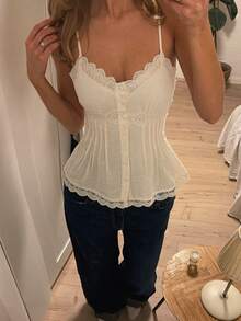 SHEIN PETITE Damen einfarbige Spaghettiträger Spitzenbesatz plissierte Sommerbluse, Petite Damen - Aprikosenfarben - Übersicht 10