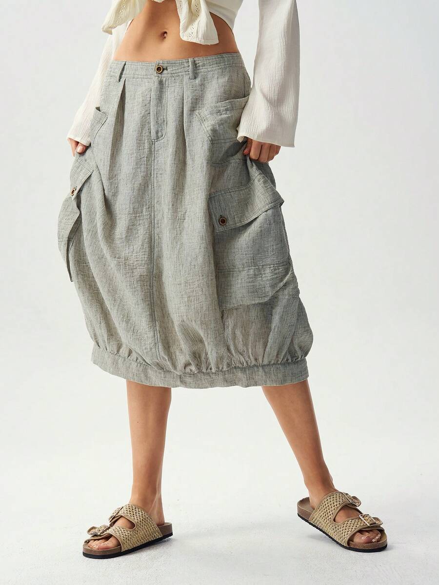 Bohemela Casual Solid Color Woven Loose Women's Skirt Vacation Panlakad Gray Autumn - Army Green - View 1