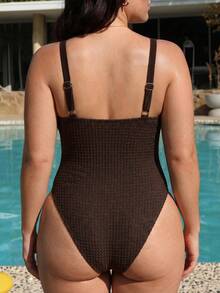 Swim Lushoire 2026 Novo Maiô Franzido com Alça de Contas Tipo Waffle em Plus Size para Mulheres, Café, Praia, Férias, Verão, Festa, Elegante Roupa de Praia para Senhoras, Roupa de Resort para Mulheres - Café - Visão 2
