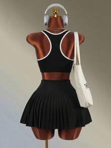 Amplova Solid Color Knit Pleated Sports Skirt/Shorts - Black - View 6