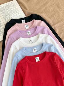 LMoss Kids Conjunto de 6 piezas de camiseta casual de punto de unicolor con cuello redondo para niña joven - Multicolor - Ver 5