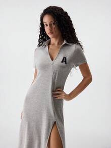 Loungeista 女式 V 领不对称分线纽扣装饰针织短袖休闲家居服连衣裙 - 杏色 - 查看 6