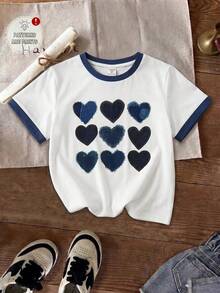 SHEIN Young Girl Knitted Heart Pattern Crew Neck Casual T-Shirt - White - View 5