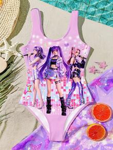Baju Renang Terusan Minimalis Kasual untuk Anak Perempuan, Motif Kartun Girl Band, Cocok untuk Musim Panas - MultiWarna - View 7