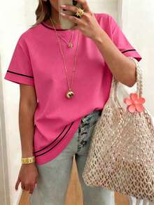 EMERY ROSE Women's Pastel Pink Striped Print T-Shirt,Summer Smart Casual Vacation Style,Sweet Retro Cute Short Sleeve Tee,Comfortable Versatile Everyday Top - Hot Pink - View 1