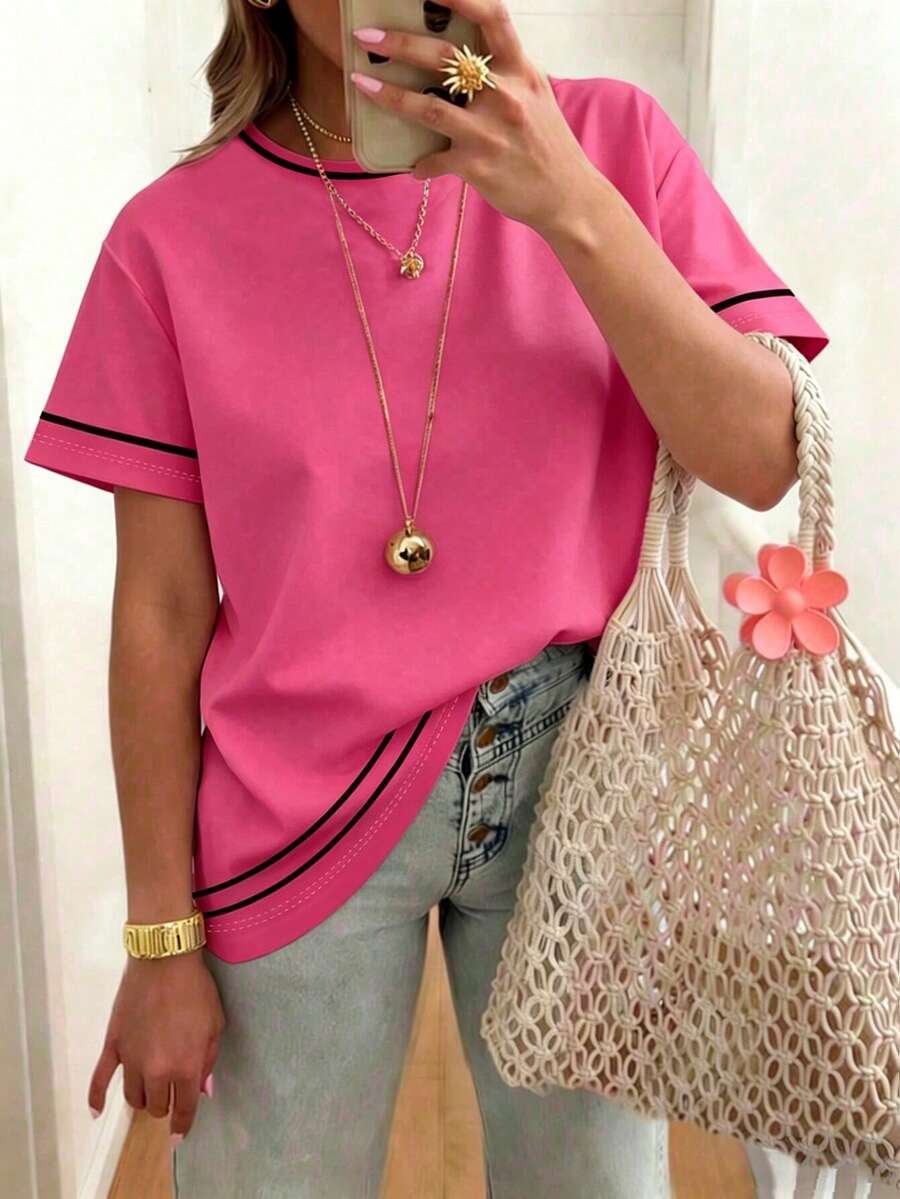EMERY ROSE Women's Pastel Pink Striped Print T-Shirt,Summer Smart Casual Vacation Style,Sweet Retro Cute Short Sleeve Tee,Comfortable Versatile Everyday Top - Hot Pink - View 1