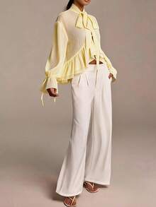 Soleia Blusa de mujer de unicolor con cuello de lazo, volantes asimétricos y estampado de rayas - Amarillo - Ver 5