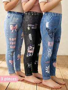Leggings multicolor con efecto denim, estampado de grupo de chicas, letras y lazo para niña joven - Multicolor - Ver 1