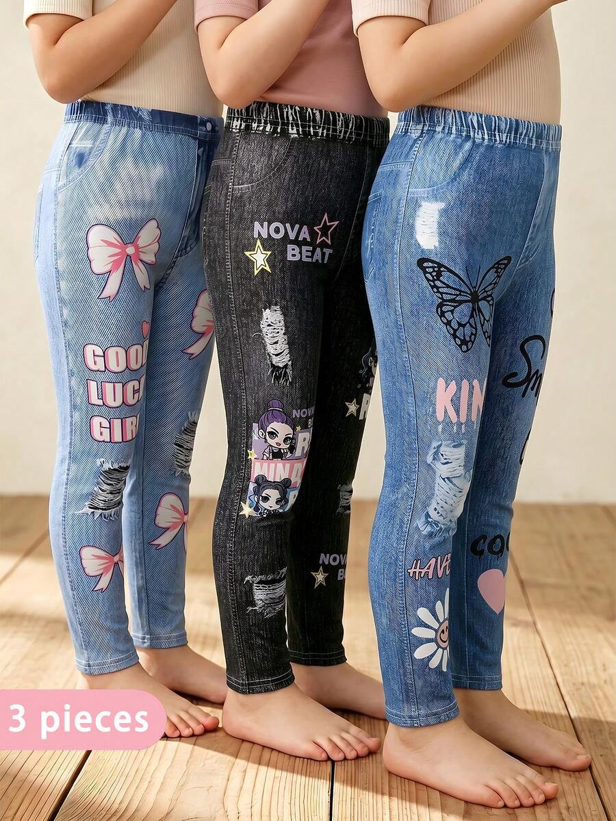 Leggings multicolor con efecto denim, estampado de grupo de chicas, letras y lazo para niña joven - Multicolor - Ver 1