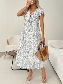 SHEIN LUNE Women's Casual Tropical Sexy Boho Ditsy Floral Tie-Up Ruffle Sleeve Long Dress, Vacation, Commute Picnic Summer Outfits White And Blue Floral Brunch - Multicolor - View 7