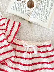LMoss Kids 2pcs Baby Girl Knitted Striped Round Neck T-Shirt And Shorts Set - Red and White - View 4