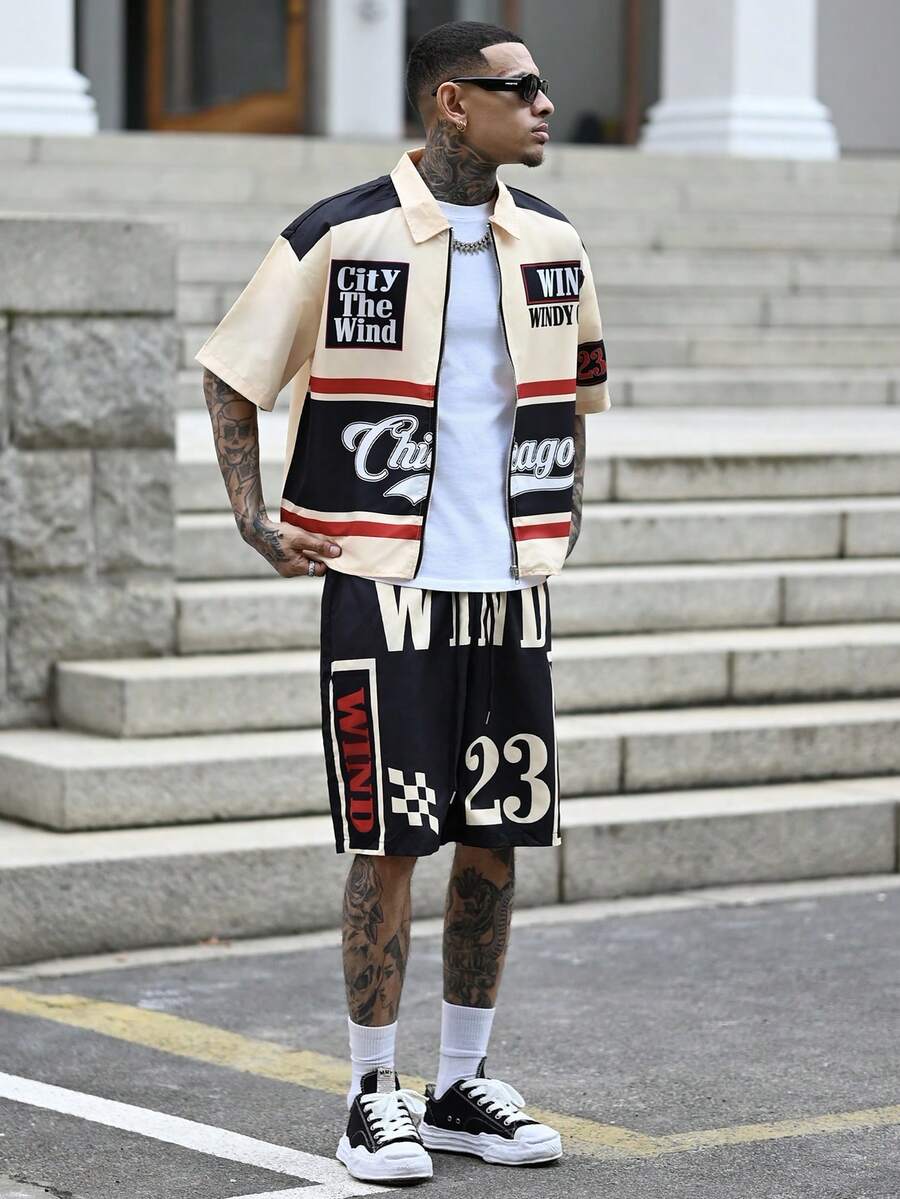 Devon Thys Manfinity Streetrush Men's Contrast Color Letter Print Zip-Up Shirt And Drawstring Shorts 2-Piece Set - Multicolor - View 1