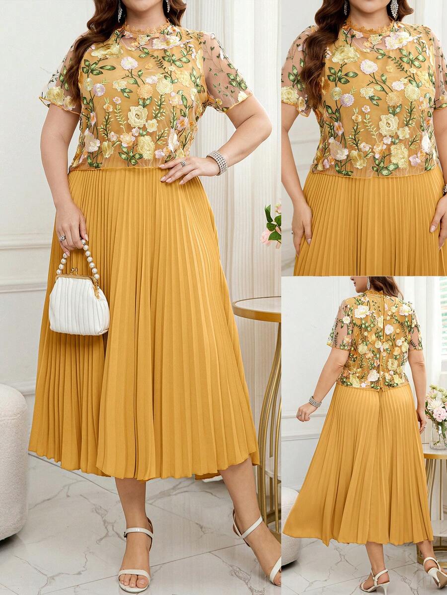 Reflora Plus Size Elegant Party Floral Embroidery Mesh Patchwork Pleated Dress - Yellow - View 1