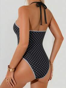 Swim Mod Women's One-Piece Seashell Trim Sexy Lace-Up Polka Dot Print Swimsuit, Beach, Pool, Casual Party, Holiday, Spring/Summer - Multicolor - View 2