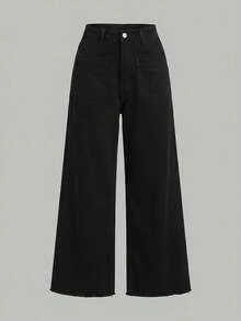 Selenza Plus Size Zipper Button Pocket Wide Leg Solid Color Minimalist Business Denim Jeans - Black - View 7