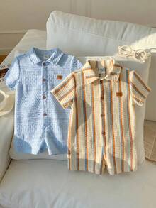 SHEIN 2pcs Newborn Baby Boy Unisex Baby Clothes Cute Summer Casual Knit Striped Polo Collar Short Sleeve Romper 2-Piece Set Suitable For Birthday Party, Rave, Evening Party, Performance, Wedding, Full Moon, Baptism And First Birthday Celebration, Wedding Guest, Baby Shower Christening Outfit Baby Boy - Multicolor - View 5