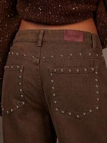 Athîral Denim Quần jeans nữ dáng suông rộng, túi đinh tán, kiểu dáng thường ngày. - màu nâu - Xem 2