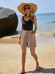Sylviya Textured Fabric Casual Rolled Hem Shorts, Front Tie, Dual Pockets Design - Coffee Brown - View 5