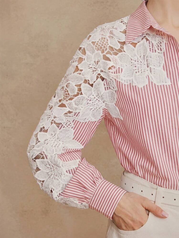 Women's New European Version Spring/Summer/Autumn Embroidered Patchwork Blue And White Striped Long Sleeve Shirt