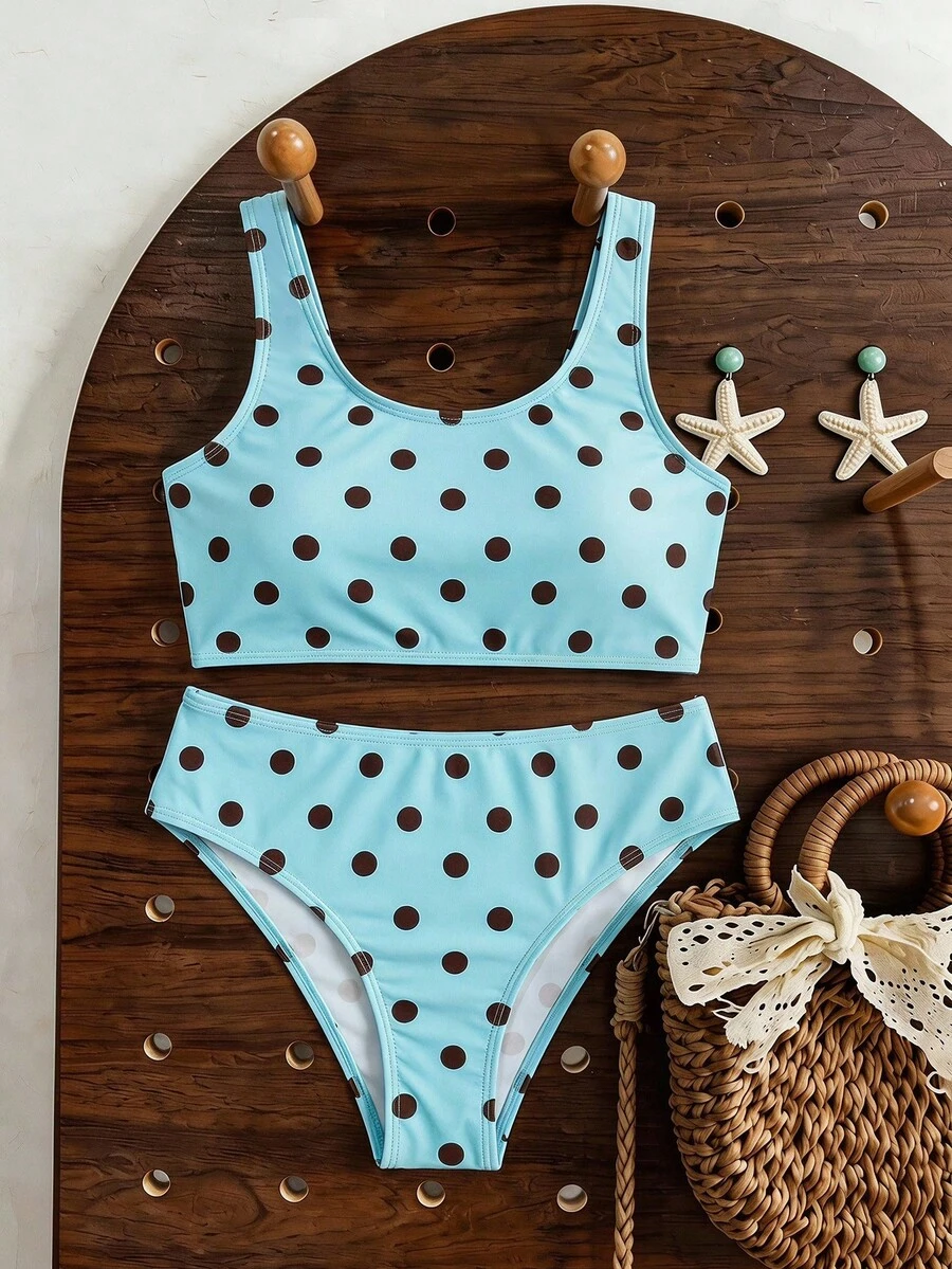 SHEIN Tween Girls' Polka Dot Print Bikini Set, Beach & Resort Style - Multicolor - View 1