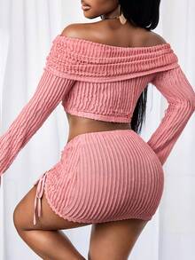 SHEIN BamGlam Conjunto de 2 piezas para mujer con top corto de hombros descubiertos de unicolor y falda con cordón - Rosa - Ver 2