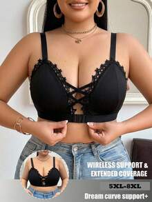 SHEIN CURVE+ 1件大码女式无钢圈蕾丝边交叉吊带背心 - 黑色 - 查看 1