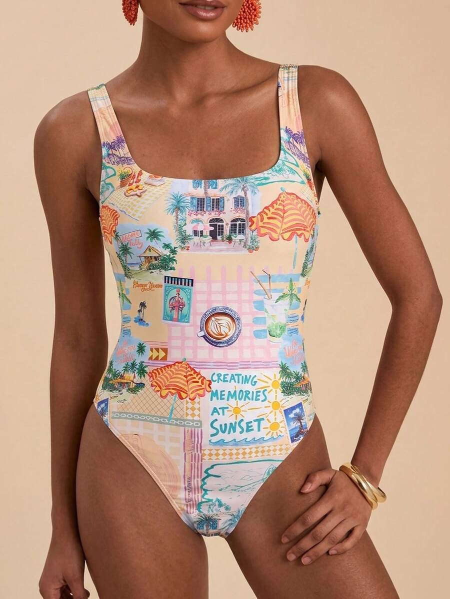 Travachic 1pc Women Abstract Line Star Print Allover Print Square Neck One-Piece Swimsuit, Suitable For Beach In Summer,Summer Outfits For Women,Swimsuits For Woman,Bathing Suits For Women - Multicolor - View 1