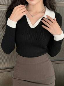 DAZY 秋冬 ビジネスカジュアル スタイル カラーブロック衿 スリムフィット セーター、長袖トップス、レディース秋冬ファッション ニットトップス - ブラック - チェックする 14