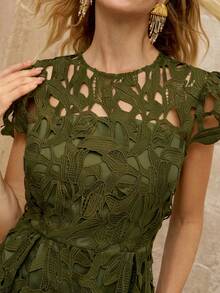 SHEIN Women's Knitted Summer Dress, Intricate Embroidered Lace Hollow-Out Round Neck Cap Sleeve A-Line High Waist Slimming Elegant Dress, Suitable For Evening Party, Date, Vacation - Green - View 2