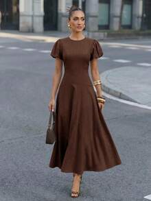 Lumalex 100%Cotton Women's Solid Color Casual Everyday Elegant Casual Pure Cotton Waist A-Line Long Dress Comfortable Bamboo Cotton Puff Sleeves Dress, Back To School Season Dress, Dresses For Women Elegant,Modest Dresses For Women Spring Party Casual - Brown - View 12