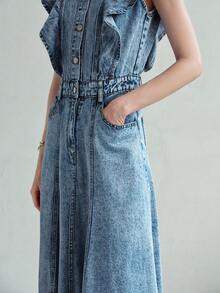 MOTF PREMIUM VESTIDO DE MUJER DE CUELLO REDONDO CON VOLANTES DE LYOCELL Y ALGODÓN DENIM, DE LARGO MEDIO, PARA USO CASUAL Y DE CITA, PRIMAVERA/VERANO - Azul - Ver 6