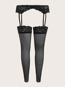 Wedaily Plus Size Solid Color Lace Patchwork Casual Intimates Set (Fishnet Stockings & Garter) - Black - View 3