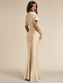 SHEIN BAE Women's Beige Satin Deep V-Neck Short Sleeve Fishtail Elegant Dress, Suitable For Party Dinner, Cocktail, Formal Occasions, Bridesmaid Wedding Summer - Apricot - View 2