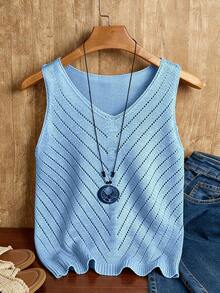 Franclia Damen Große Größen Gestrickter Frühling/Sommer Lässig Durchbrochener V-Ausschnitt Einfarbig Pullover Strickweste Mode Vielseitiges Top - Babyblau - Übersicht 1