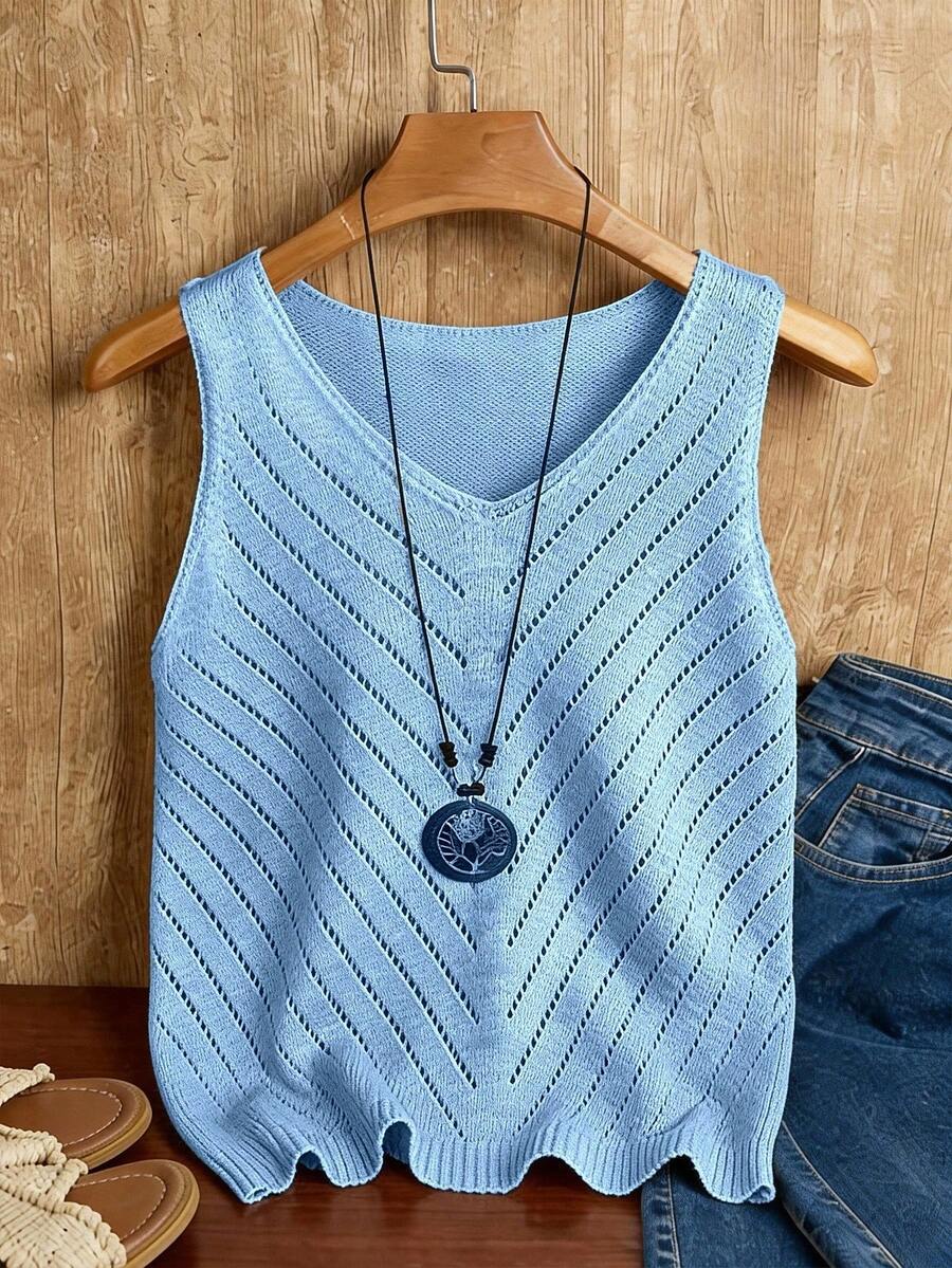 Franclia Damen Große Größen Gestrickter Frühling/Sommer Lässig Durchbrochener V-Ausschnitt Einfarbig Pullover Strickweste Mode Vielseitiges Top - Babyblau - Übersicht 1