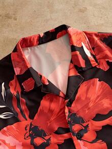 Ocevento Men's Floral Print Short Sleeve Single-Breasted Casual Shirt - Black - View 4
