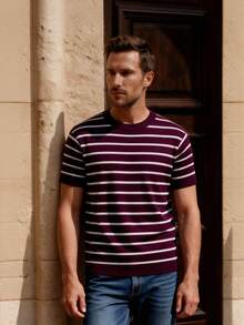 Officeau Loose Lightweight Striped Knit Crew Neck Short Sleeve T-Shirt, Casual Business Slim Fit Men's Summer Cool Tee - Red Violet - View 8