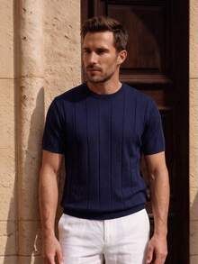 Officeau Men's Solid Color Short Sleeve Knit Vertical Striped Crew Neck Top - Navy Blue - View 9