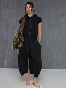 COUREZ Quần Jogger cạp thấp dáng baggy bóng ngắn có chi tiết xếp ly ở đầu gối / Quần áo mùa xuân Y2K cho nữ Quần jogger xám Quần nỉ xám Trang phục thường ngày đi chơi Trang phục lễ hội Trang phục buổi hòa nhạc Trang phục mùa hè cho nữ - màu đen - Xem 2