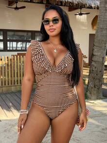 Swim Vcay 2026 New Women's Plus Size One-Piece Ruffle Hem Coffee Color Small Check V-Neck Design Waist Gathered Tummy Control Slimming Triangle Bottom Swimsuit - Coffee Brown - View 3