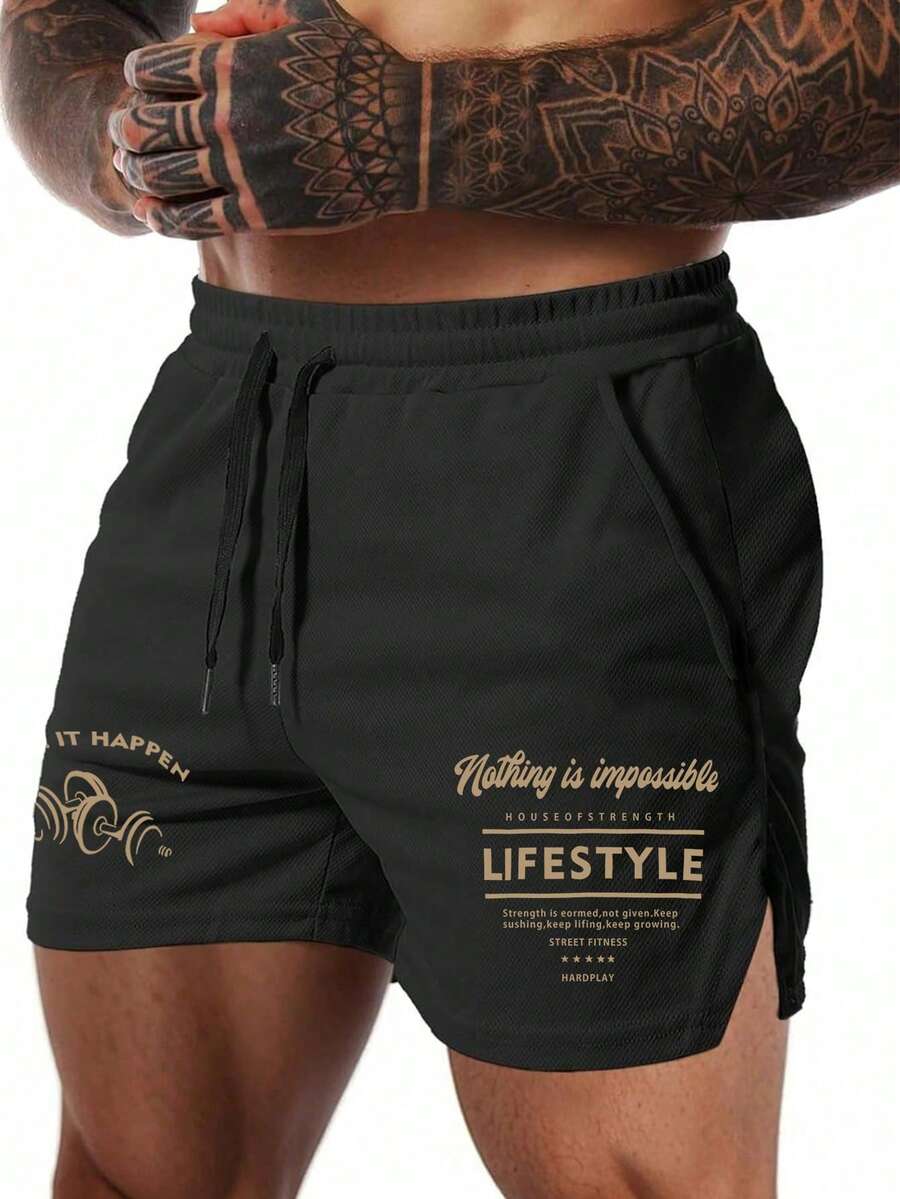 GymBeat Men's Letter & Graphic Print Drawstring Waist Summer Sports Shorts Running Shorts, Gym - Black - View 1