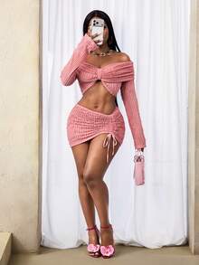 SHEIN BamGlam Conjunto de 2 piezas para mujer con top corto de hombros descubiertos de unicolor y falda con cordón - Rosa - Ver 6