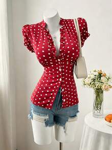 Sweetra Áo blouse nữ size lớn phong cách thời trang tối giản đa năng, họa tiết chấm bi độc đáo, thanh lịch ngọt ngào, tay ngắn, dáng ôm slim fit - Đỏ - Xem 6