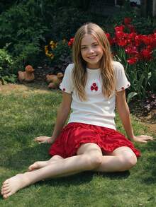 DAZY Cute Bow Decor Short Sleeve T-Shirt Top + Skirt Princess Tween Girls T-Shirt Set Summer - Red - View 6