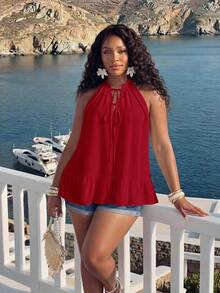 Slaydiva Elegant Red Halter Neck Ruffle Hem Tank Top For Women, Stylish Sleeveless A-Line Camisole For Spring And Summer, Minimalist Casual Vacation Outing - Red - View 5