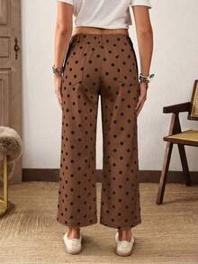 EMERY ROSE Plus Size Polka Dot Pattern Pocket Decor Straight Leg Jeans - Coffee Brown - View 2