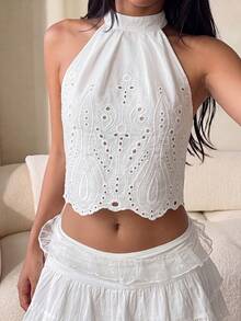Firerie Summer Vacation Solid Eyelet Embroidery Halter Neck White Casual Blouse Going Out, Euro Summer - White - View 5